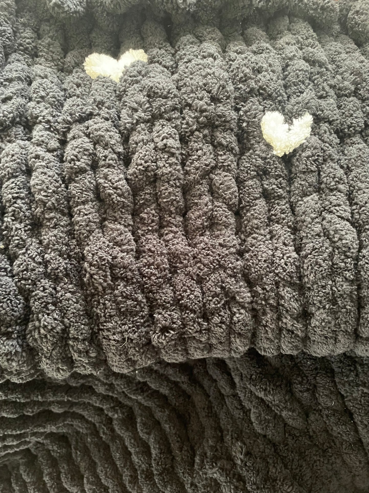 Black chunky chenille with creamy dreamy hearts XL blanket.