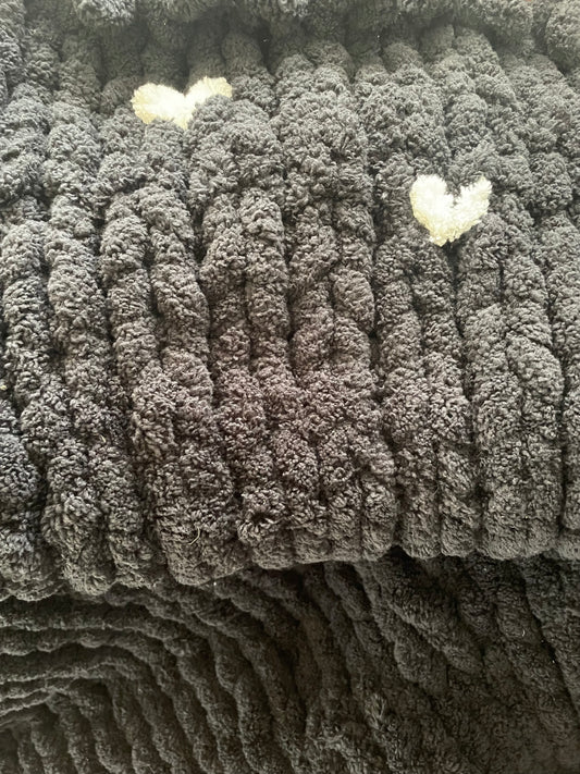 Black chunky chenille with creamy dreamy hearts XL blanket.